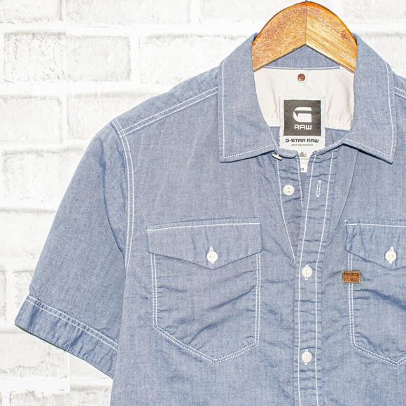 G Star RAW Short Sleeve Button up Shirt Blue Chambray 2 Pocket Men's Sz Medium - Picture 4 of 6